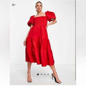 ASOS Tiered red dress with smocked top size 14
